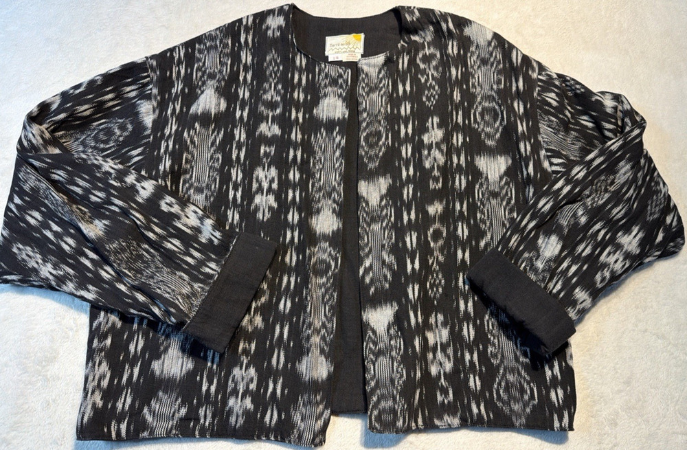Vtg Tierra del Sol Guatemalan Handwoven Cotton Ikat Jacket Black White Sz 14